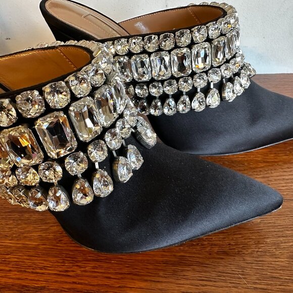 Aquazzura Gem Palace crystal black satin mules size 39.5 US 9.5 Excellent cond. - Picture 2 of 6